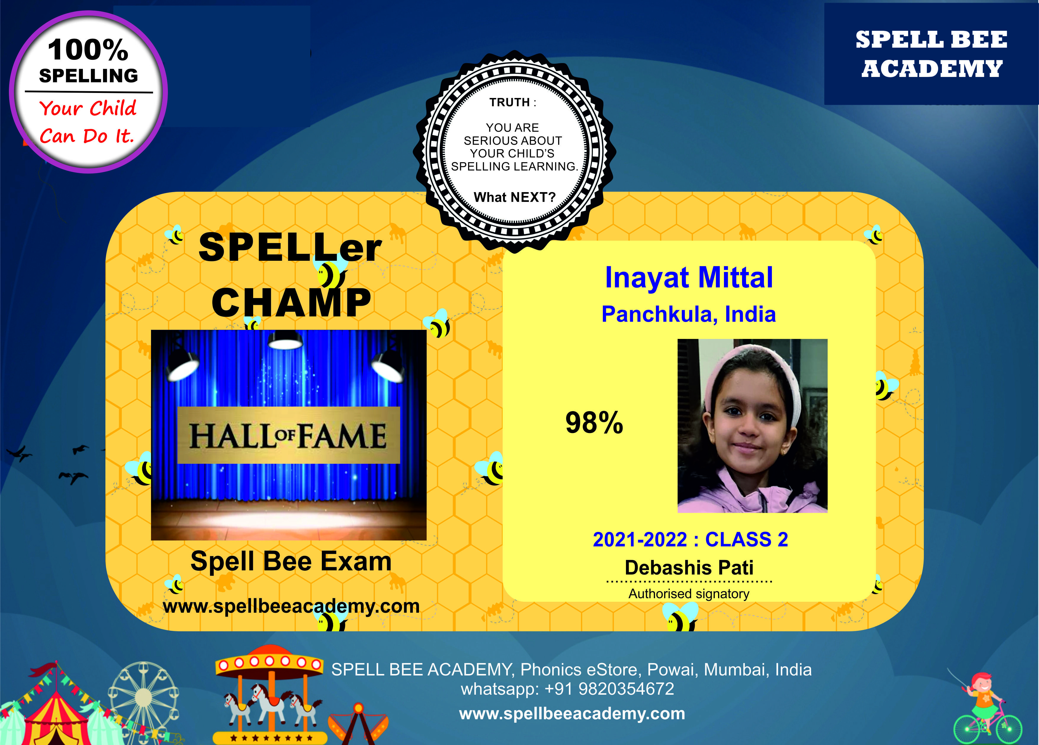 spell bee competition exam Inayat Mittal class 2 grade